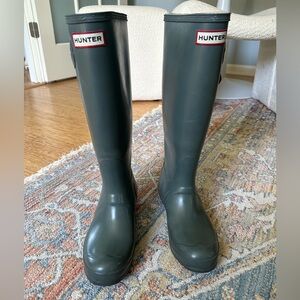 Hunter Olive Green-Gray Knee-High Tall Rubber Rain Boots Original Gloss